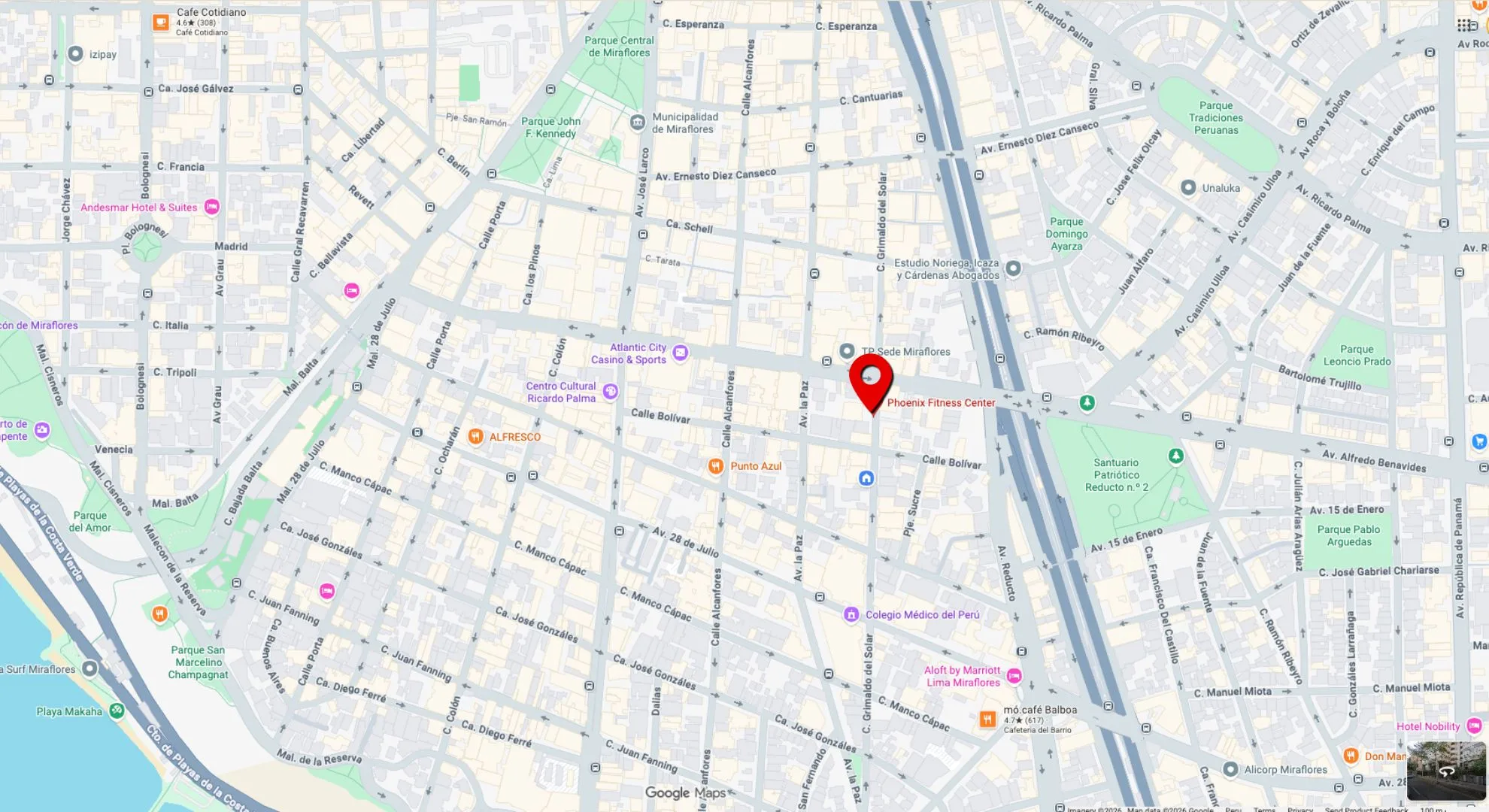 Mapa de referencia de Phoenix Fitness Center en Calle Grimaldo del Solar 346, Miraflores